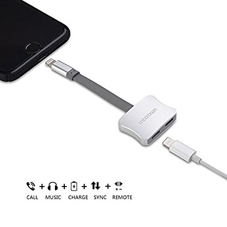 Intcrown iPhone 7 Splitter Dual Lightning Adapter Dongle for iPhone 7,7 Plus Support Charge and Call (Silver)