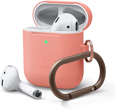 elago Upgrade Slim Silicone Hang Case - Compatible with AirPods 2 & 1, Protective Slim Cover, Carabiner Included, No Hinge (Peach)