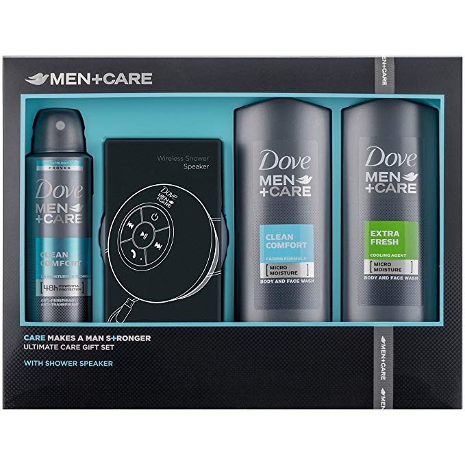 Dove Men  Care Gift Set with Shower Speaker, Anti-Perspirant, Face and Body Wash 4 Piece Gift Set