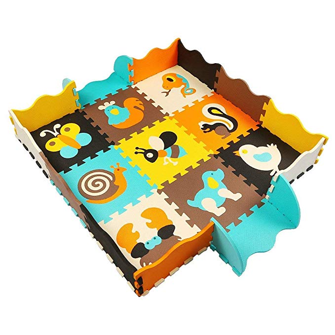 MQIAOHAM 9 Foam Puzzle Play Mat with Borders Kids Multi-Color Safe Baby Playground Soft Padded Floor for Children Protection EVA Foam Interlocking Tiles Non-Toxic Animals P010B3010