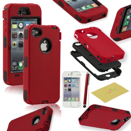 Fulland Hybrid Body Armor Silicone Case with Stylus Pen and Screen Protector for Apple iPhone 4 / 4S - Red