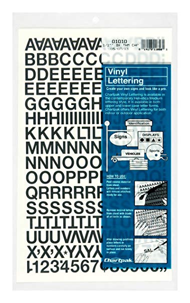 Chartpak Self-Adhesive Vinyl Capital Letters and Numbers, 1/2 Inches High, Black, 201 per Pack (01010)