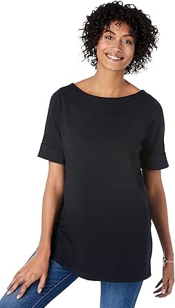 Woman Within Women's Plus Size Perfect Cuffed Elbow-Sleeve Boat-Neck Tee