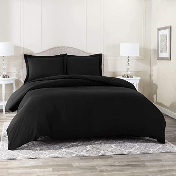 Marrikas Hotel Luxury 3pc Duvet Cover Set - 1 Zipper Closure Duvet Cover with 2 Pillowcases - Ultra Soft 600 Thread Count 100% Egyptian Cotton Fabric (Full/Queen, Black)