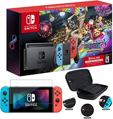 Nintendo Switch with Neon Blue and Neon Red Joy-Con — Mario Kart 8 Deluxe (Full Game Download) — 3 Month Nintendo Switch Online Individual Membership — Christmas Holiday - iPuzzle 3-in-1 Carrying Case