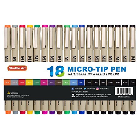 Shuttle Art 18 Pack Ultra Fine Point Tip Micro Line Pens – Waterproof Archival Ink & 11 Colors in 0.3MM Felt Tip - 7 Blacks in Tip Sizes 0.15MM to 0.5MM For Journaling Technical Illustrating Drawing