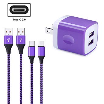 FiveBox 2Pack USB Type C Cable Phone Charger Cord Compatible Samsung Galaxy S9 S8 Note 9 8, LG G5 G6 V30, Nexus 6P, Google Pixel 2, 3 XL, with 2.1A Dual Port USB Wall Charger Box Brick Charging Block