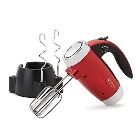 Betty Crocker 7 Speed Hand Mixer with Stand with Chrome Beater and Hooks, Metallic Red