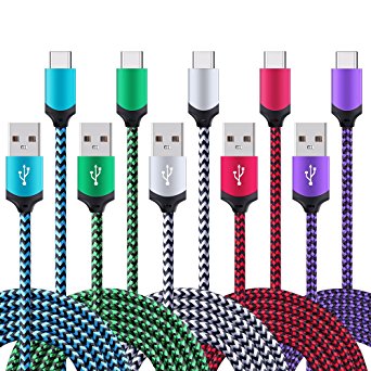 USB Type C Cable, USB C Cable, 5 Pack 6ft FiveBox Fast Charger Nylon Braided Charging Cord for Samsung Galaxy S8, S8 , MacBook, Nintendo Switch, Sony XZ, LG V20 G5 G6, HTC 10, Xiaomi 5 and More