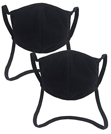 MAJECLO 100% Cotton Adjustable Washable Face Mask with Filter Pocket/Mask Keeper Neck Strap, 2 PACK (Medium, Black)