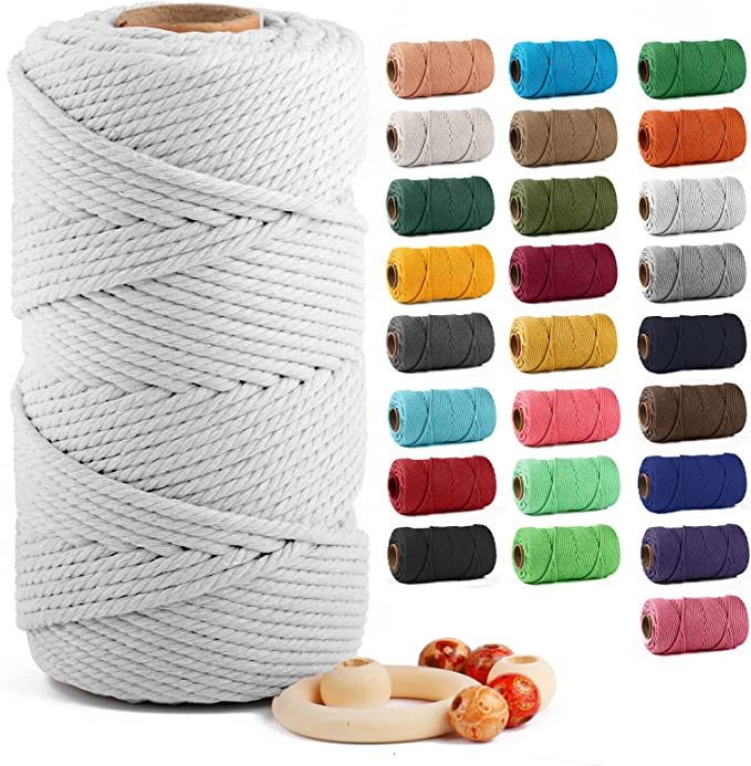 Macrame Cotton Cord 5mm x 109 Yards, ZUEXT 100% Natural Handmade Colorful 4 Strands Twisted Braided Cotton Rope for Wall Hanging Plant Hangers Gift Wrapping Tapestry DIY Crafts(100m,White)