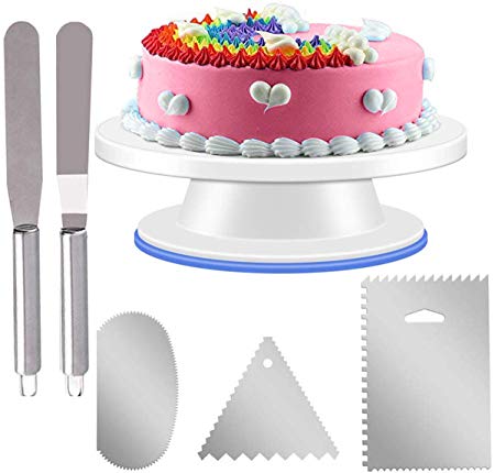Cake Turntable, Cake Rotating Plate Stand Kigos 11" Cake Decorating Equipment with 3 PCS Stainless Steel Cake Icing Smoother and 2 CPS Icing Spatula for Baking, Decorating, Pastries
