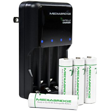 Rechargeable AA / AAA Batteries Charger Kit by Mediabridge - Includes 4 AA Rechargeable Batteries (Ni-MH) - IntelliCharger (Part# RBC-AAX4 )
