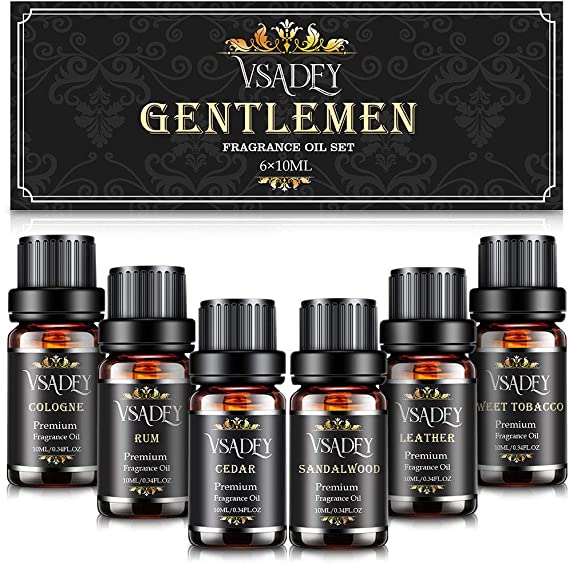 Fragrance Oil for Candle Making,Vsadey Gentleman's Essential Oils Set for Aroma Diffusers Pleasing Aromatherapy Scents Like Sweet Tobacco Sandalwood Cedar Leather Rum Cologne Set of 6 (10ML)