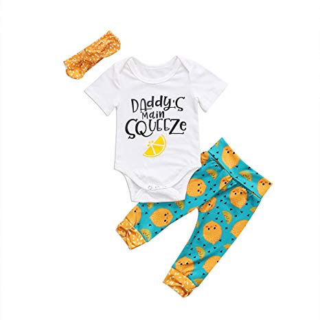 3pcs Baby Girl Pants Outfit Lemon Long Pants  Letter Cotton Short Sleeve Romper  Orange Headband Clothes Set