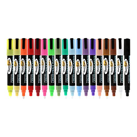 Thornton's Art Supply Liquid Chalk Markers with Reversible Tips, Assorted Colors, Pack of 18