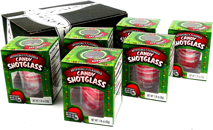 Peppermint Candy Cane Edible New Years Shot Glasses, 1.76 oz Packages in a BlackTie Box (Pack of 6)