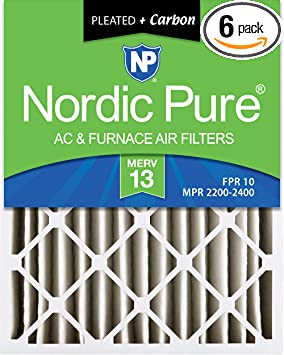 Nordic Pure 20x25x4 (3-5/8 Actual Depth) MERV 13 Plus Carbon AC Furnace Air Filter, Box of 6