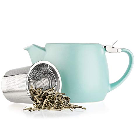 Tealyra - Pluto Porcelain Small Teapot Turquoise - 18.2-ounce (1-2 cups) - Matte Finish - Stainless Steel Lid and Extra-Fine Infuser To Brew Loose Leaf Tea - Ceramic Tea Brewer - 540ml