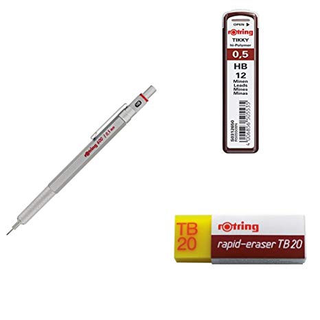 rOtring 600 0.5mm Silver Barrel Mechanical Pencil (1904445) with Lead and Eraser