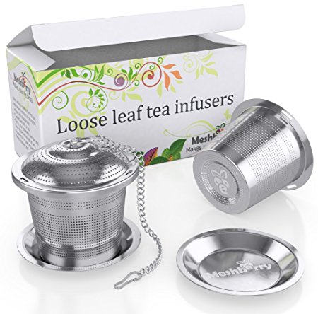 Meshberry Total Tea Infuser - Best Stainless Steel Strainer & Steeper for Loose Leaf Tea - Set of 2 - with drip trays - in gift box