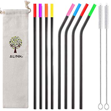 ALINK 10.5" Long Reusable Black Metal Drinking Straws with Silicone Covers, 8-Pack Stainless Steel Straws for 30oz / 20oz Yeti/Rtic Tumblers with Cleaning Brush and Carrying Case