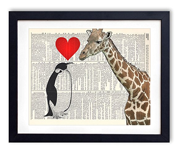 Giraffe And Penguin Love Upcycled Vintage Dictionary Art Print 8x10