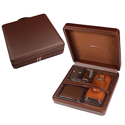 AMANCY Top Handcrafted Travel Leather Cigar Humidor Case Flask Combo ,5-Pieces Cigar Accessory Gift Set Included Cutter ,Lighter and Stand