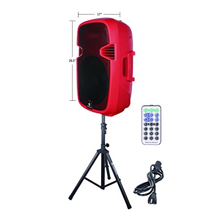 PRORECK PR-C15 Portable 15-inch 600 Watt 2-way Powered Dj/PA Speaker with Bluetooth/USB/SD Card Reader/ FM Radio/Remote Control/LED Light/Speaker Stand, Red