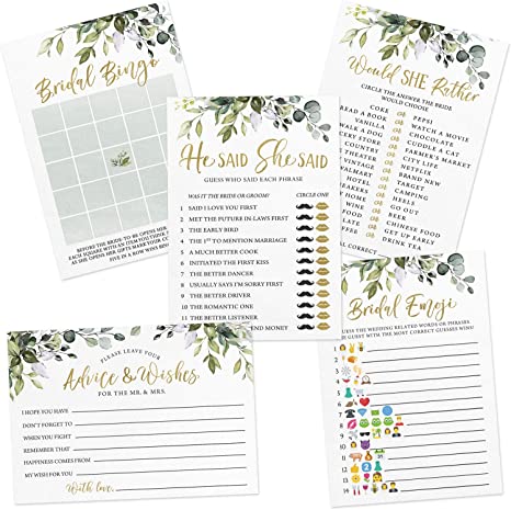 Bridal Shower Shower Game Set, 5 Games, 250 Sheets, Eucalyptus Greenery Theme, Bridal Bingo, Emoji Pictionary, Advice and Well Wishes, He Said She Said, Would She Rather