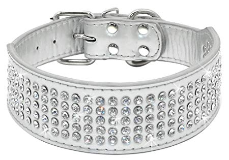 Beirui Rhinestones Dog Collars - 2" width with 5 Rows Full Sparkly Crystal Diamonds Studded PU Leather - Beautiful Bling Pet Appearance for Medium & Large Dogs