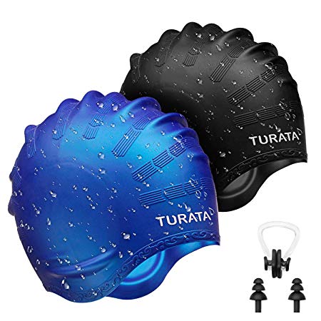 TURATA Swimming Cap 2 Pack Swim Caps Waterproof Unisex Premium Earmuffs Silicone No-Slip Swimming Hat for Adults Kids Woman and Men One Size Hat - Black & Blue