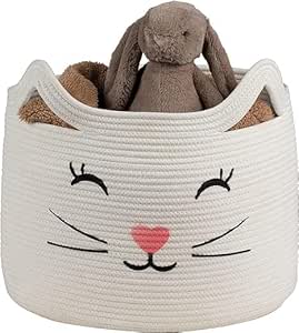 Moon light®Cat Storage Basket for Dog Toy Small Laundry Basket Nursery Clothes Basket for Bedroom Grey Toy Bin Rope Storage Basket (Pack of 1) (Large, White)