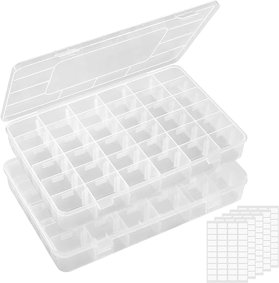 Lifewit 2 Pack 36 Grids Clear Stackable Plastic Organiser Storage Box Container with Adjustable Dividers for Beads, Art DIY, Crafts, Jewelry, Fishing Tackle with 5 Sheet Label Stickers