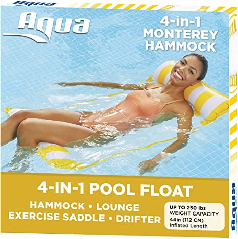 AQUA 4-in-1 Monterey Hammock Inflatable Pool Float, Multi-Purpose Pool Hammock (Saddle, Lounge Chair, Hammock, Drifter) Pool Chair, Portable Water Hammock, Golden Sunshine