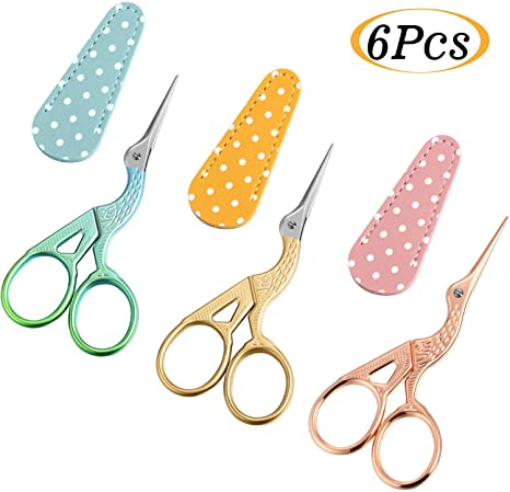 3 Pieces Sewing Embroidery Stork Scissors with 3 Pieces Leather Scissors Cover, Small Stainless Steel Crane Shape Scissors for Manual Sewing Handicraft DIY Tool