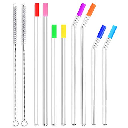 ALINK 8-Pack Slim 7mm Glass Straws, Reusable Clear Drinking Straws for 20 oz 30 oz RTIC/YETI Tumblers, Tervis, Starbucks Cups, Mason Jars with 2 Cleaning Brush & 8 Silicone Tips