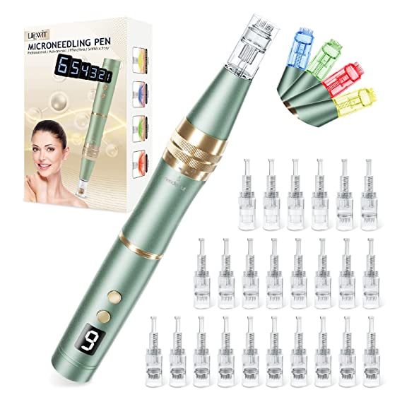 Microneedling Pen Wireless Dermapen Professional with 24 Replacement Cartridges, Adjustable Micro needle Derma Pen for Face Home Use