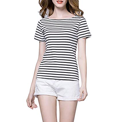 Tulucky Women's Casual Long Sleeve Shirts Stripe Tees Round Neck Tank Tops