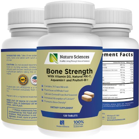 Calcium Bone Strength by Naturo Sciences, Contains Vitamin D3, FruiteX-B®, Aquamin®, MK-7, Bromelain, Magnesium and 74 Trace Minerals - Bone and Tissue Density, 120 Tablets