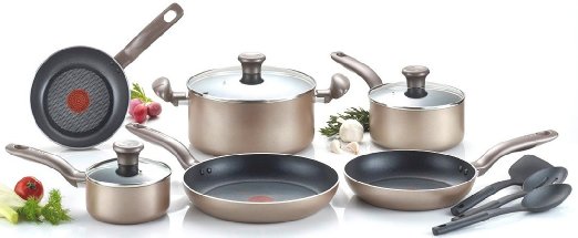 T-fal C067SC Metallics Nonstick Thermo-Spot Heat Indicator Cookware Set 12-Piece Bronze