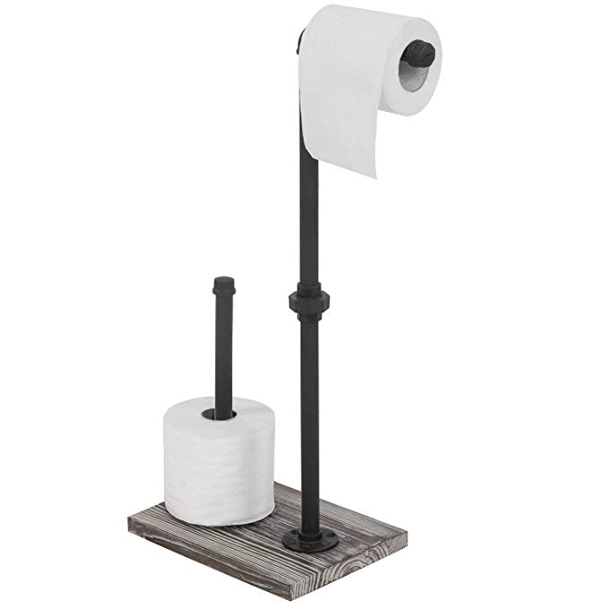 MyGift Industrial Pipe & Torched Wood Toilet Paper Dispenser with Reserve Roll Holder