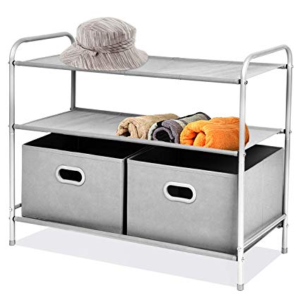 MaidMAX 3 Tiers Closet Shelf Organizer with 2 Drawers for Home Storage and Organization, Silver Grey