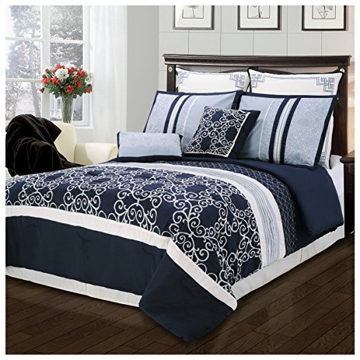Superior Clarissa Embroidered and Pin-Tucked 8 Piece Comforter Set, King, Blue