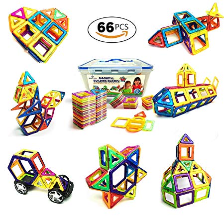 New 2018 Magnetic Blocks - Best Magnetic Tiles Kids (66pcs) Creative Building Blocks Set Boys - Girls Toddlers - Great Educational Magnetic Toys Learning While Playing
