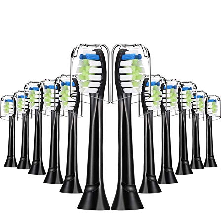 Replacement Brush Heads Compatible with Phillips Sonicare Electric Toothbrush, DiamondClean, Fit DiamondClean, Plaque Control, Gum Health, FlexCare, HealthyWhite, Essence  and EasyClean, 12 Pcs-Black
