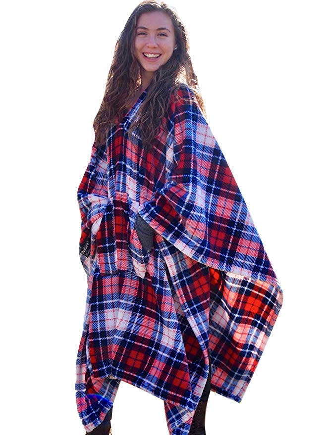 Original THROWBEE Blanket-Poncho UPSTATE PLAID red blue (Yay! NO SLEEVES) Best Wearable Blanket on the planet SOFT throw Indoors or Outdoors - adults men women kids