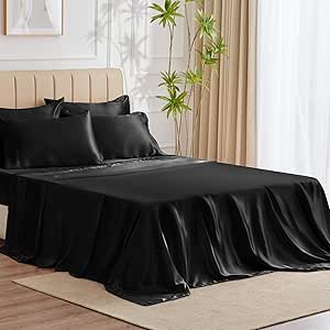 CozyLux Satin Sheets Queen Size - 6 Piece Black Bed Sheet Set with Silky Microfiber, 1 Deep Pocket Fitted Sheet, 1 Flat Sheet, and 4 Pillowcases - Smooth and Soft