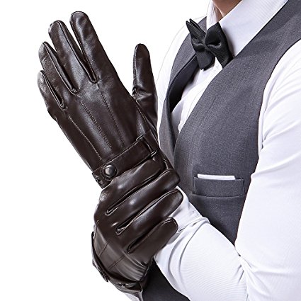 Mens Luxury Touchscreen Italian Nappa Genuine Leather Winter Warm Gloves for Texting Driving Cashmere Lining Blend Cuff