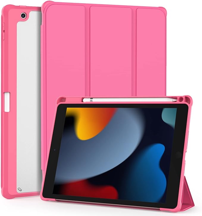 OKP for iPad 9th/ 8th/ 7th Generation Case (2021/2020/2019), iPad 10.2 inch Cases with Trifold Stand, Slim ipad 9/8/7 th gen Cover with Pencil Holder for Kids Women Men, Clear PC Back Shell, Pink